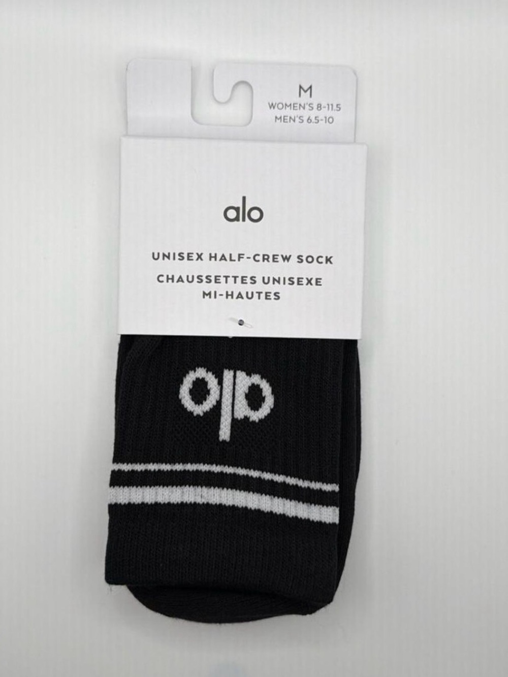 ALO Yoga Black Half-Crew Athletic Sock with White Logo